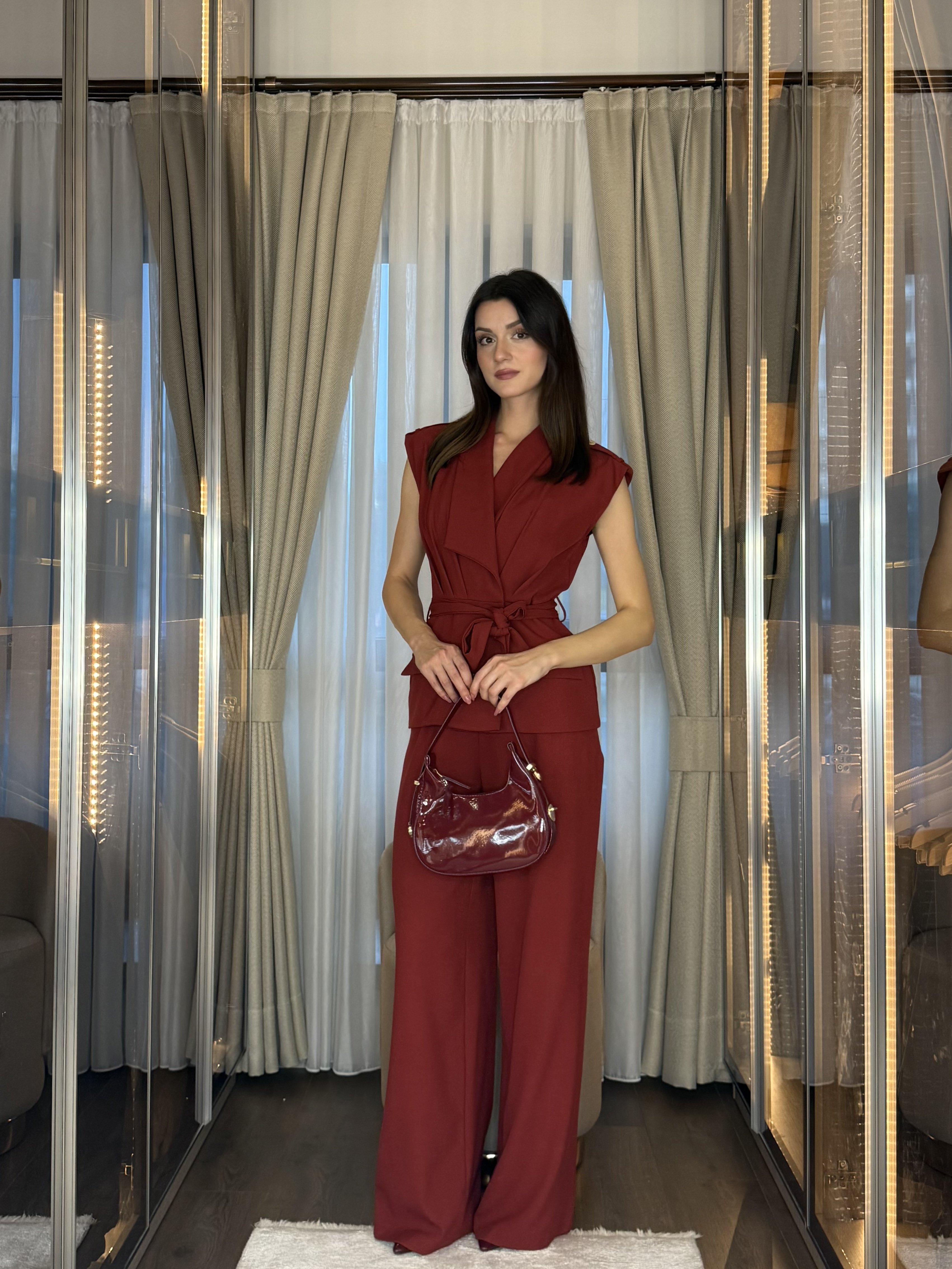Kuşaklı Kruvaze Yelek Pantolon Takım 5052 Bordo - XL