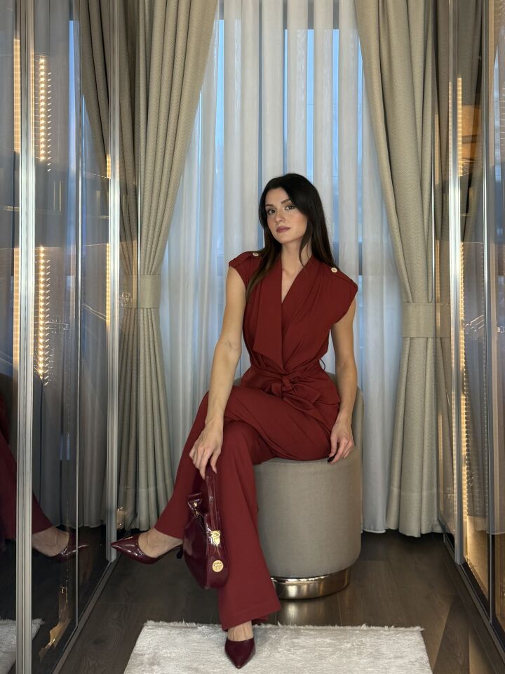 Kuşaklı Kruvaze Yelek Pantolon Takım 5052 Bordo - XL