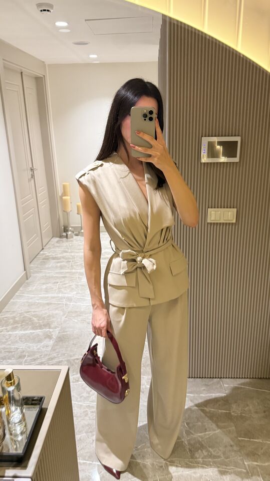 Kuşaklı Kruvaze Yelek Pantolon Takım 5052 Taş - XL
