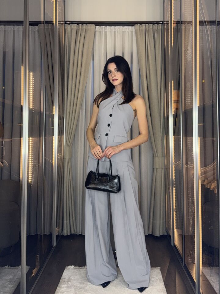 Halter Yaka Düğmeli Blazer Görünümlü Takım 5038 Gri - S