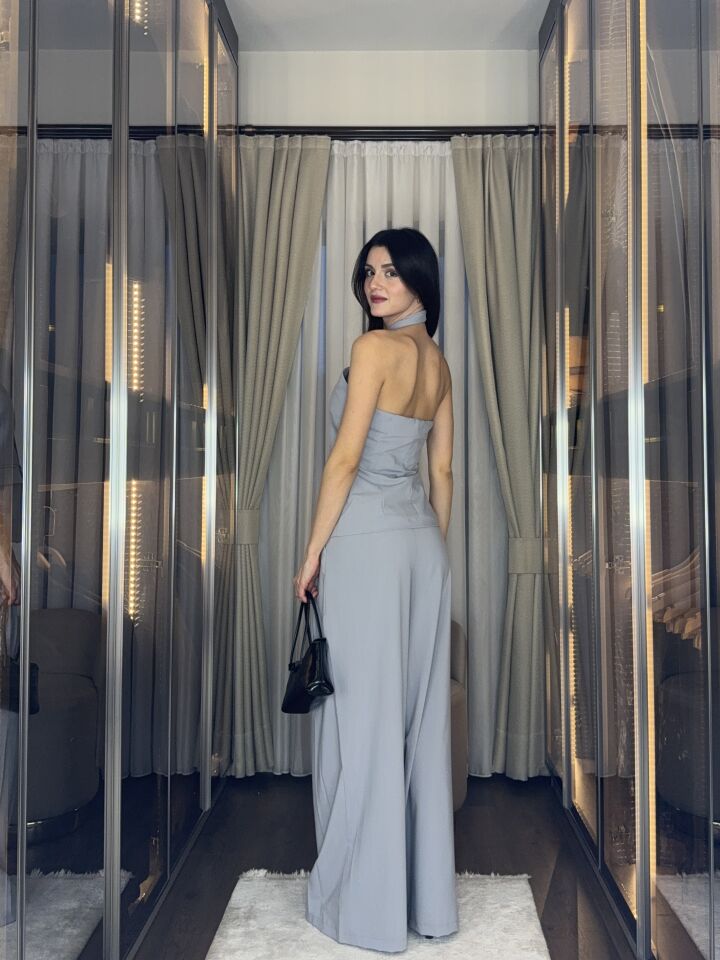 Halter Yaka Düğmeli Blazer Görünümlü Takım 5038 Gri - S