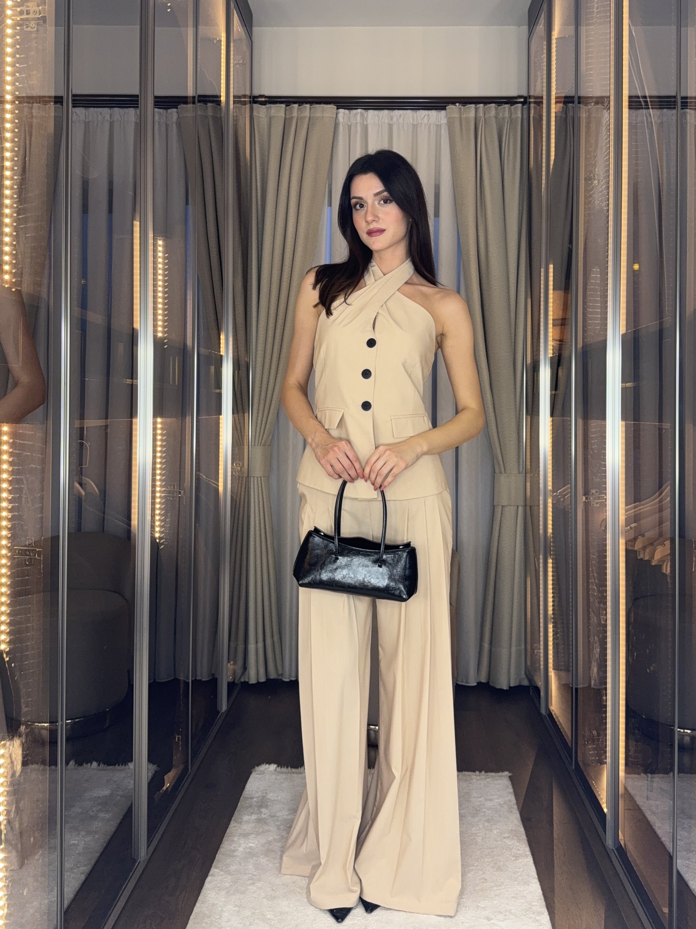 Halter Yaka Düğmeli Blazer Görünümlü Takım 5038 Bej - S