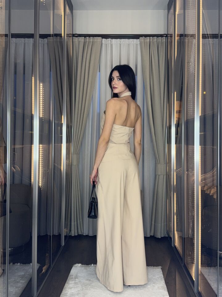 Halter Yaka Düğmeli Blazer Görünümlü Takım 5038 Bej - S