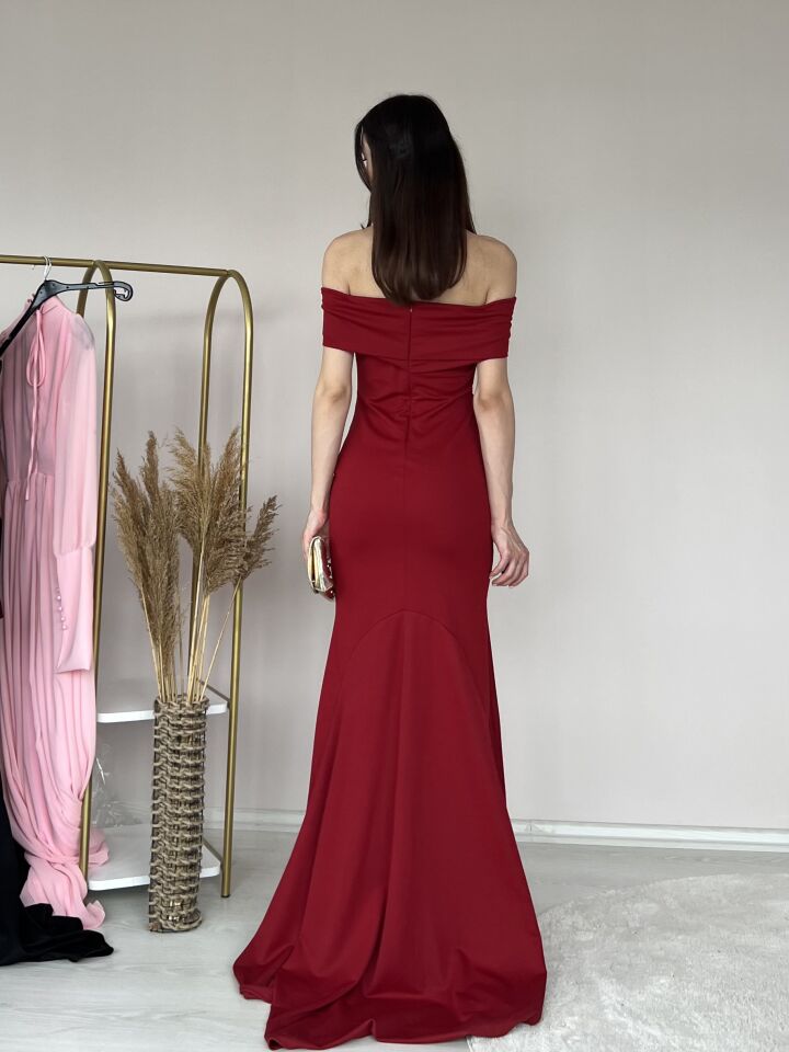 Kayık Yaka Drapeli Uzun Elbise 5018 Bordo - S