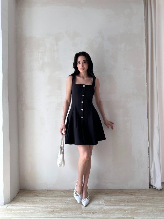 Kare Yaka Metal Düğmeli Pileli Mini Elbise 5086 Siyah - XL