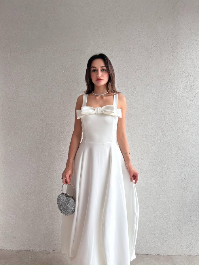 Fiyonk Detaylı Kalın Askılı Midi Elbise 5089 Beyaz - S