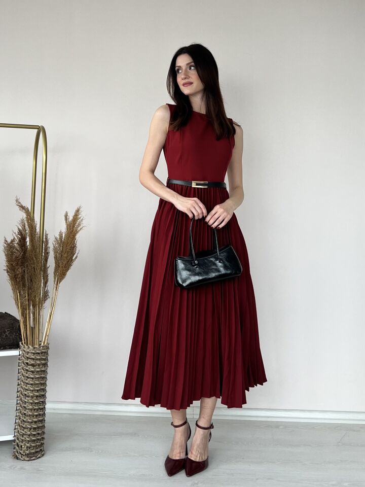 Kemer Detaylı Piliseli Elbise 5015 Bordo - S