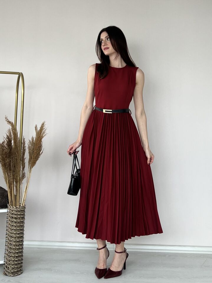 Kemer Detaylı Piliseli Elbise 5015 Bordo - S