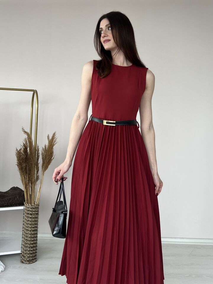 Kemer Detaylı Piliseli Elbise 5015 Bordo - S