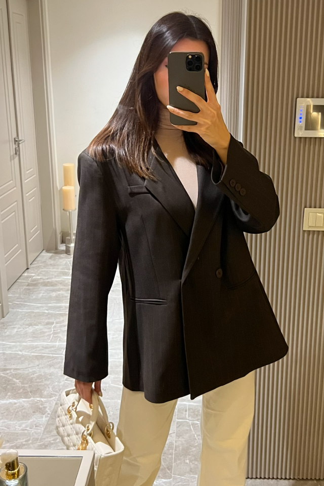 Kadın Oversize Kruvaze Blazer Ceket – Uzun Kollu, Şık ve Günlük Klasik Ceket Kahverengi - L