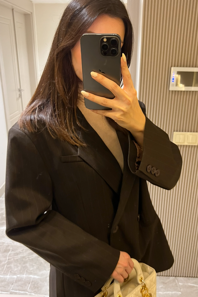 Kadın Oversize Kruvaze Blazer Ceket – Uzun Kollu, Şık ve Günlük Klasik Ceket Kahverengi - L