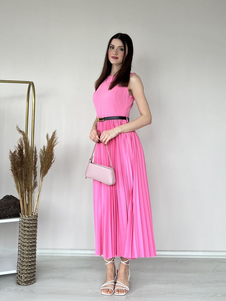 Kemer Detaylı Piliseli Elbise 5015 Pembe - M
