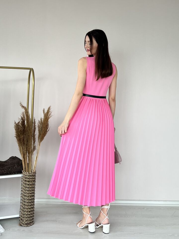 Kemer Detaylı Piliseli Elbise 5015 Pembe - M