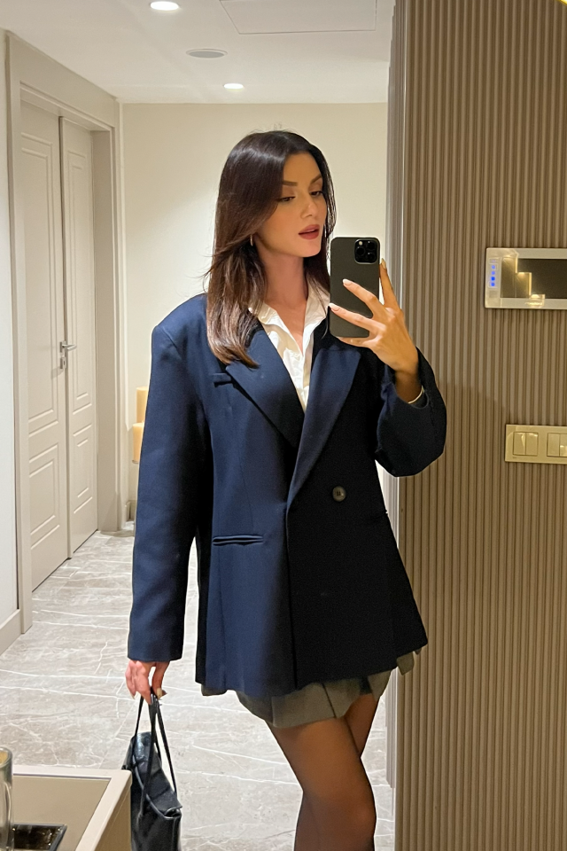 Kadın Oversize Kruvaze Blazer Ceket – Uzun Kollu, Şık ve Günlük Klasik Ceket Lacivert - L