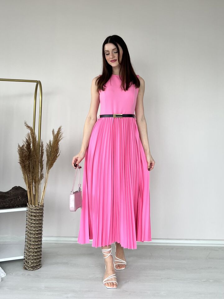 Kemer Detaylı Piliseli Elbise 5015 Pembe - L