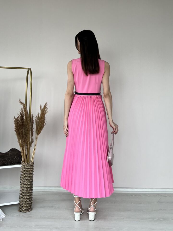 Kemer Detaylı Piliseli Elbise 5015 Pembe - L