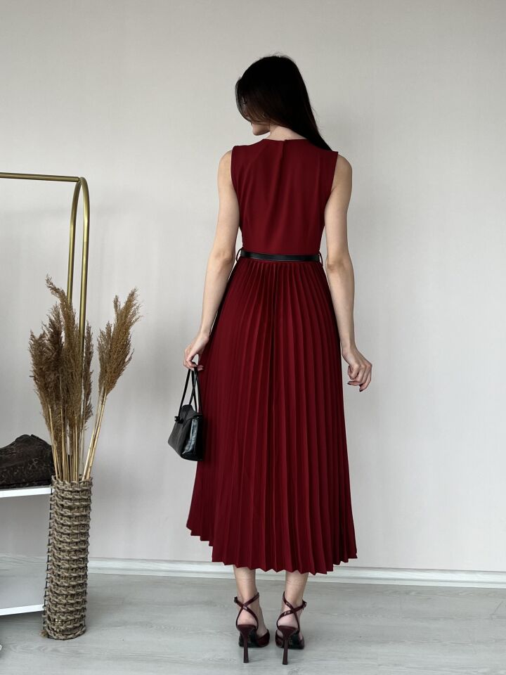 Kemer Detaylı Piliseli Elbise 5015 Bordo - L