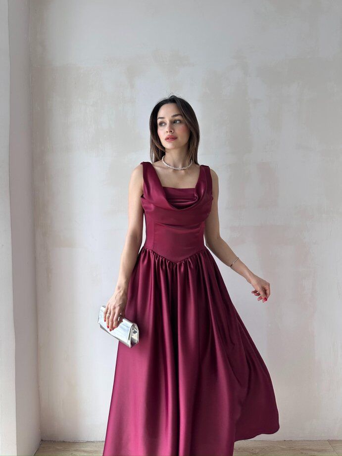 Degaje Yaka Belden Büzgülü Saten Midi Elbise 5090 Bordo - L