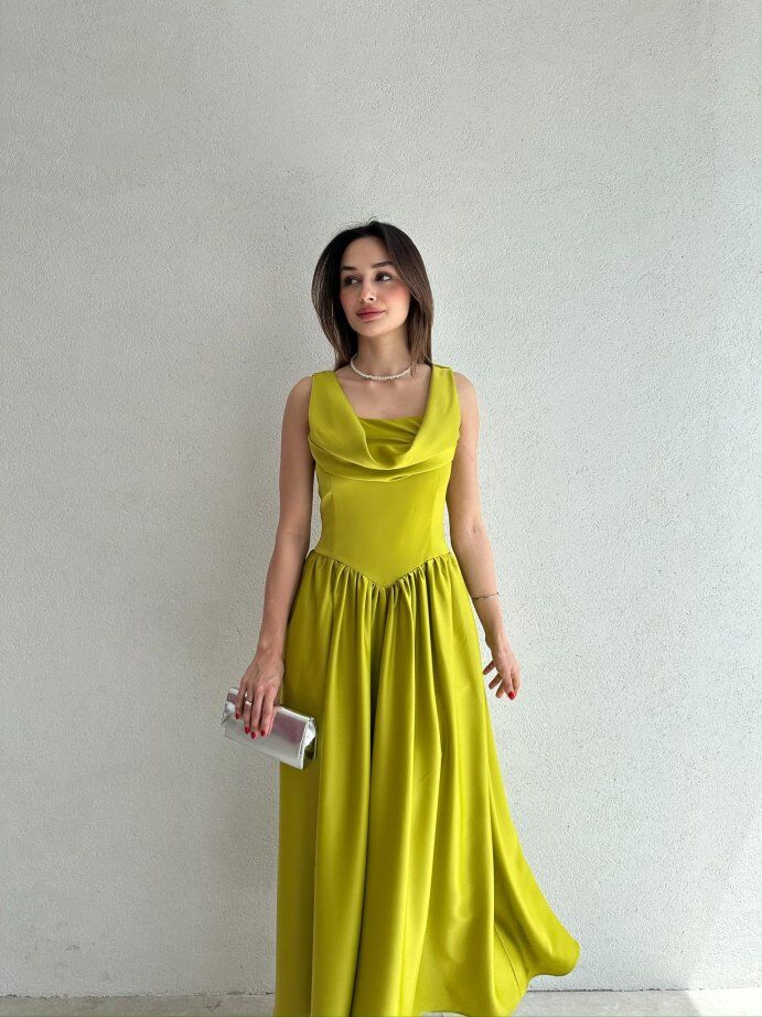 Degaje Yaka Belden Büzgülü Saten Midi Elbise 5090 Yeşil - L