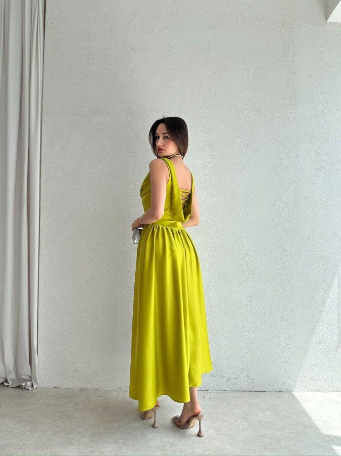 Degaje Yaka Belden Büzgülü Saten Midi Elbise 5090 Yeşil - L