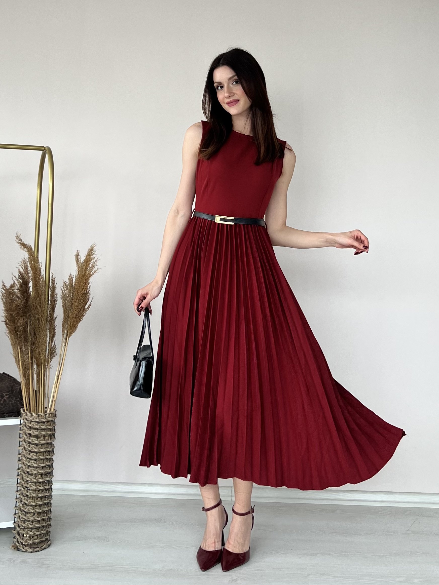 Kemer Detaylı Piliseli Elbise 5015 Bordo - XL