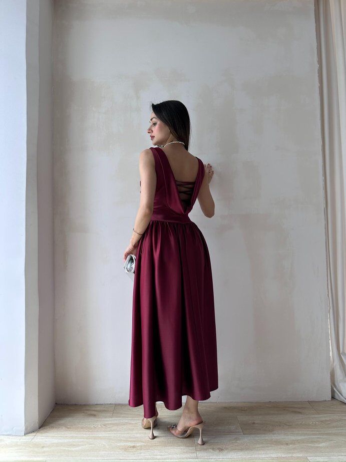 Degaje Yaka Belden Büzgülü Saten Midi Elbise 5090 Bordo - XL