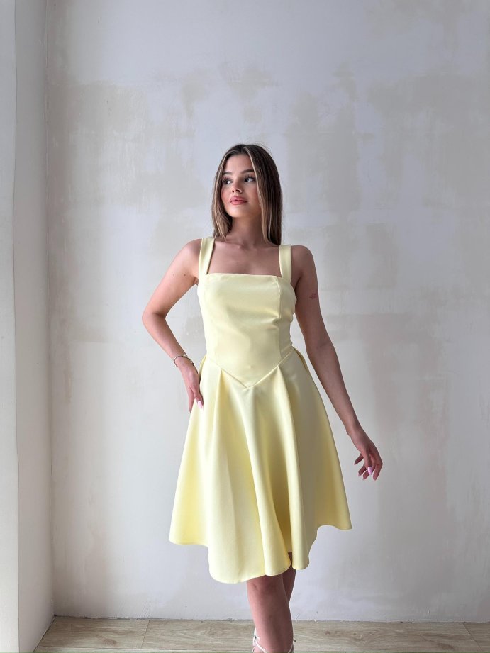 Kare Yaka Belden Oturtmalı Mini Abiye Elbise 5091 Sarı - L