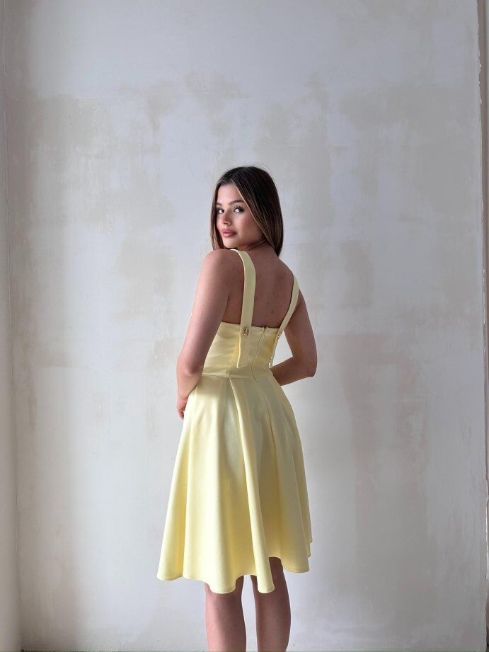 Kare Yaka Belden Oturtmalı Mini Abiye Elbise 5091 Sarı - L