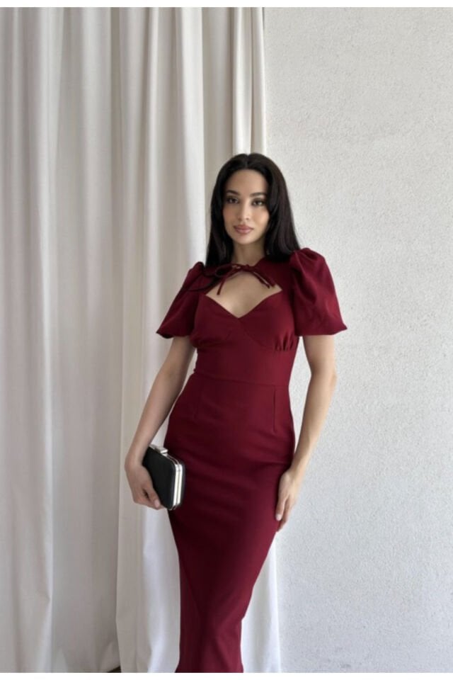 Bianca Yaka Detaylı Puff Kol Midi Elbise 5031