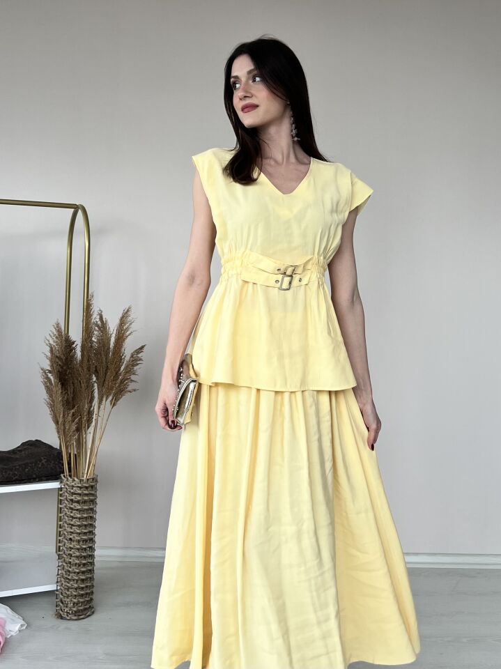 Kemer Detaylı Bluz Etek Takım 4004 Sarı - L