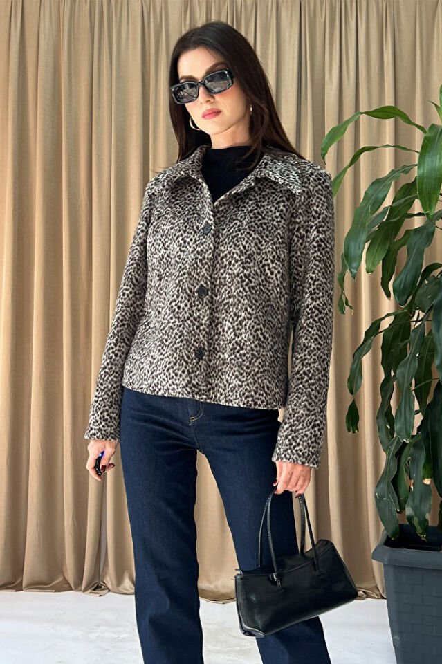 Kadın Leopar Desenli Düğmeli Kısa Ceket – Yakalı, Uzun Kollu, Şık Günlük Dış Giyim-Leopar - XL