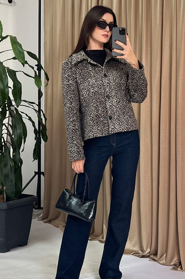 Kadın Leopar Desenli Düğmeli Kısa Ceket – Yakalı, Uzun Kollu, Şık Günlük Dış Giyim-Leopar - XL