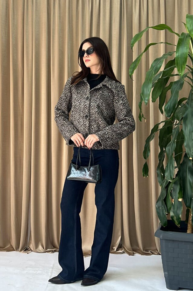 Kadın Leopar Desenli Düğmeli Kısa Ceket – Yakalı, Uzun Kollu, Şık Günlük Dış Giyim-Leopar - XL