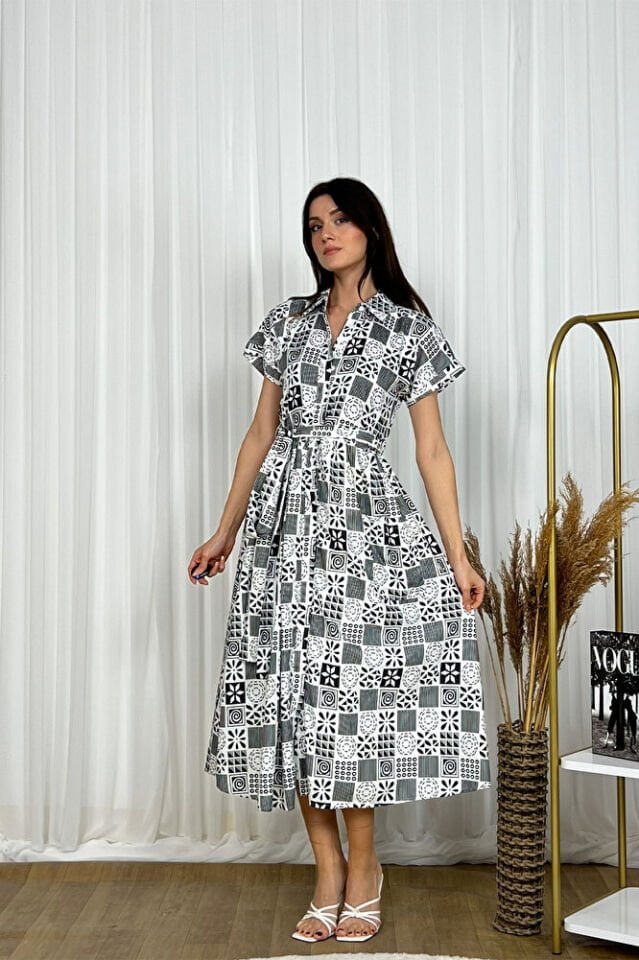 Desenli Gömlek Yaka Kısa Kollu Midi Boy Elbise