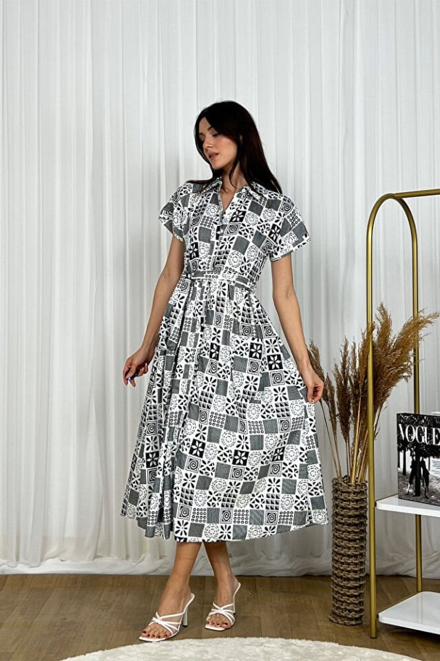 Desenli Gömlek Yaka Kısa Kollu Midi Boy Elbise