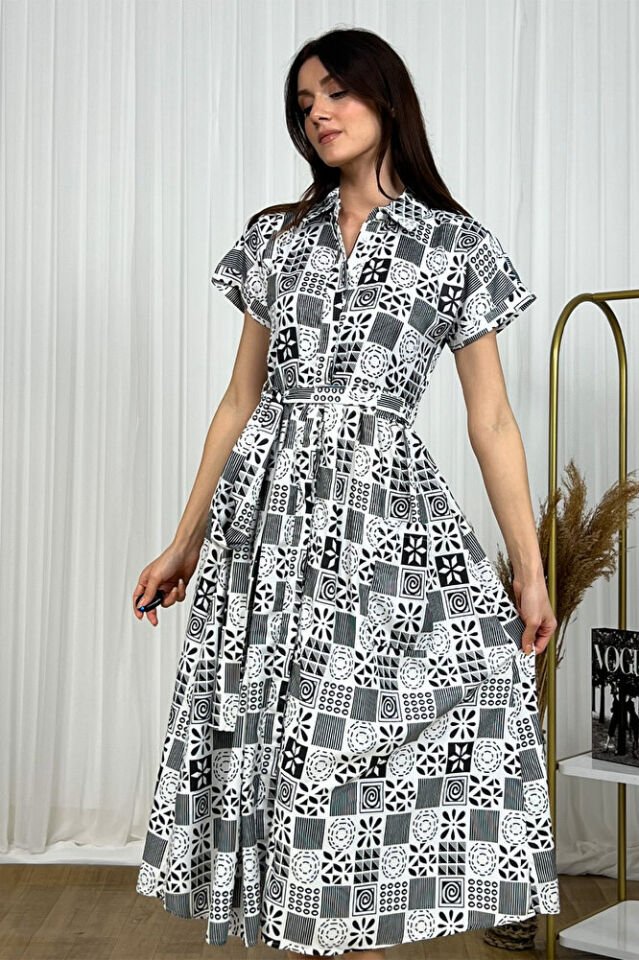 Desenli Gömlek Yaka Kısa Kollu Midi Boy Elbise