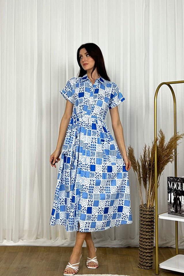 Desenli Gömlek Yaka Kısa Kollu Midi Boy Elbise