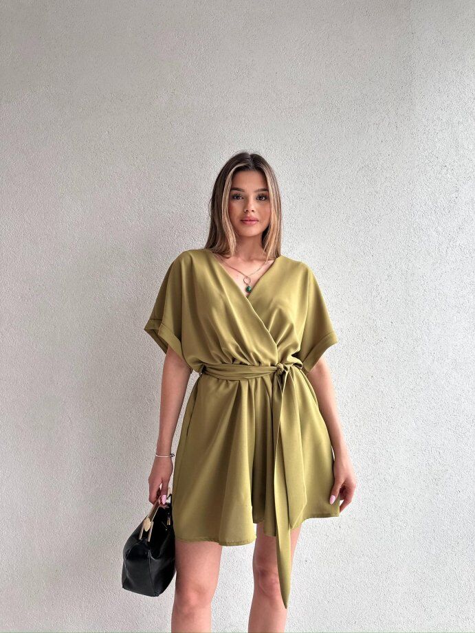 Tek Omuz Çiçek Detaylı Geniş Paça Tulum 5094 Yağ Yeşili - M