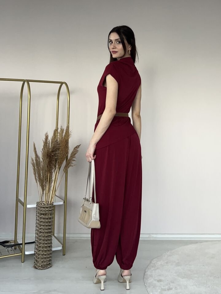 Drapeli Bluz Şalvar Pantolon Takım 4003 Bordo - S