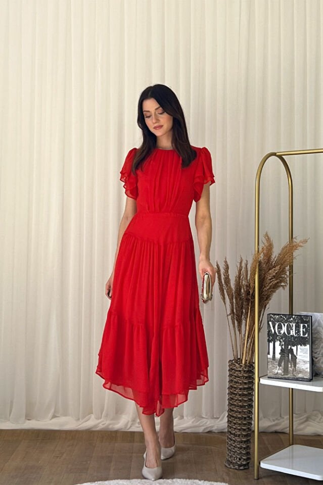 Şifon Kısa Kollu Kat Kat Etekli Midi Abiye Elbise