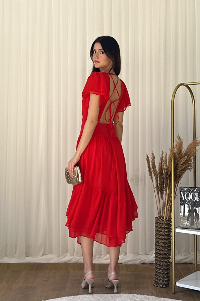 Şifon Kısa Kollu Kat Kat Etekli Midi Abiye Elbise