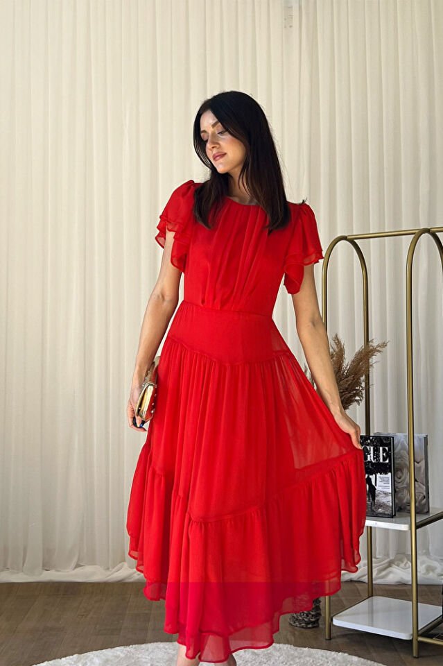 Şifon Kısa Kollu Kat Kat Etekli Midi Abiye Elbise