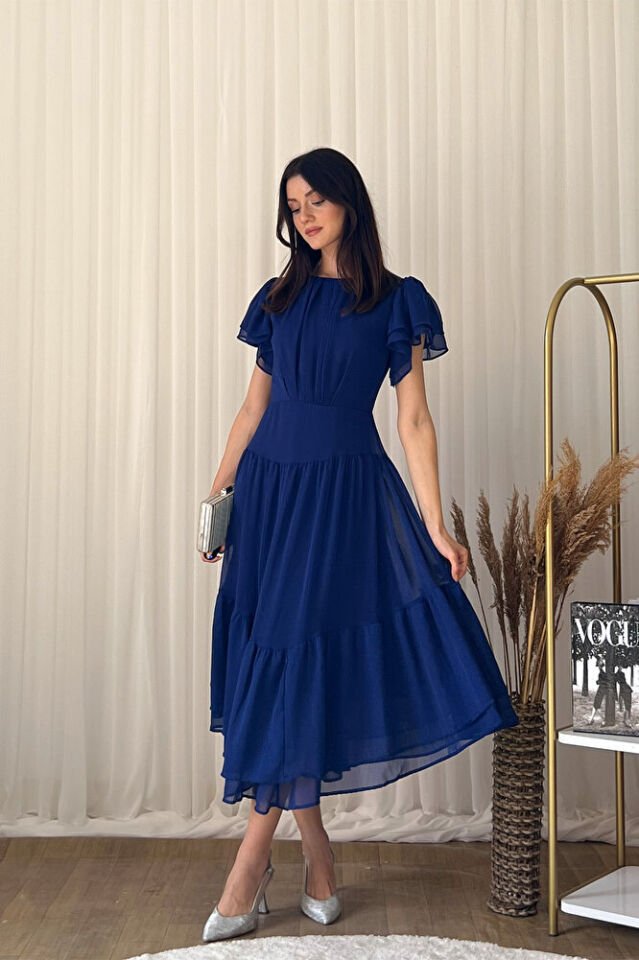 Şifon Kısa Kollu Kat Kat Etekli Midi Abiye Elbise