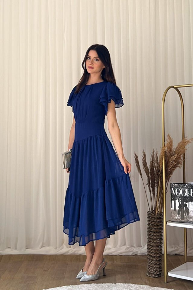 Şifon Kısa Kollu Kat Kat Etekli Midi Abiye Elbise