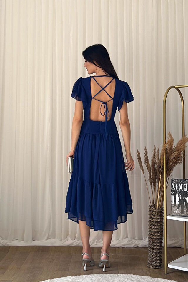 Şifon Kısa Kollu Kat Kat Etekli Midi Abiye Elbise