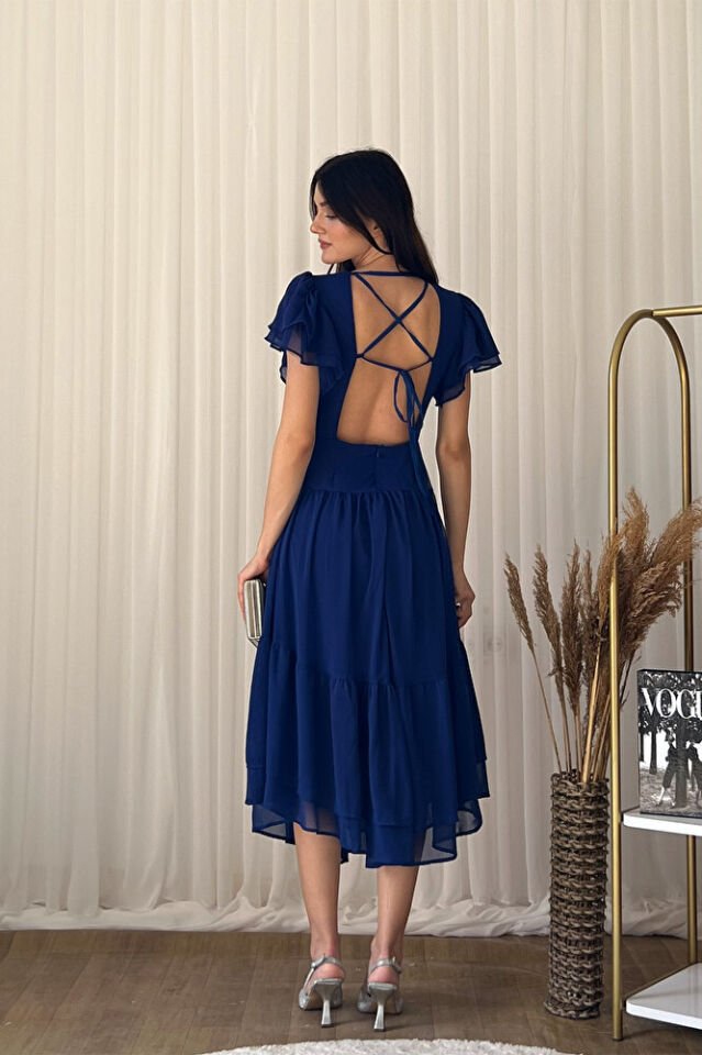 Şifon Kısa Kollu Kat Kat Etekli Midi Abiye Elbise