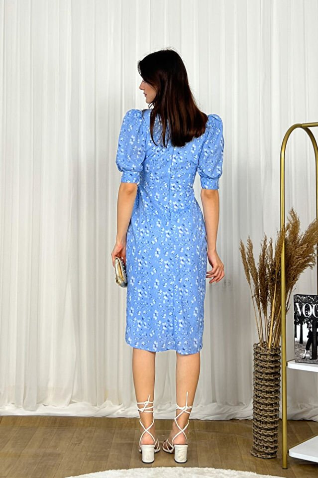 Çiçek Desenli Kruvaze V Yaka Balon Kollu Midi A Kesim Şık Elbise