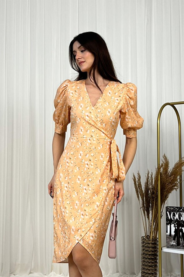 Çiçek Desenli Kruvaze V Yaka Balon Kollu Midi A Kesim Şık Elbise