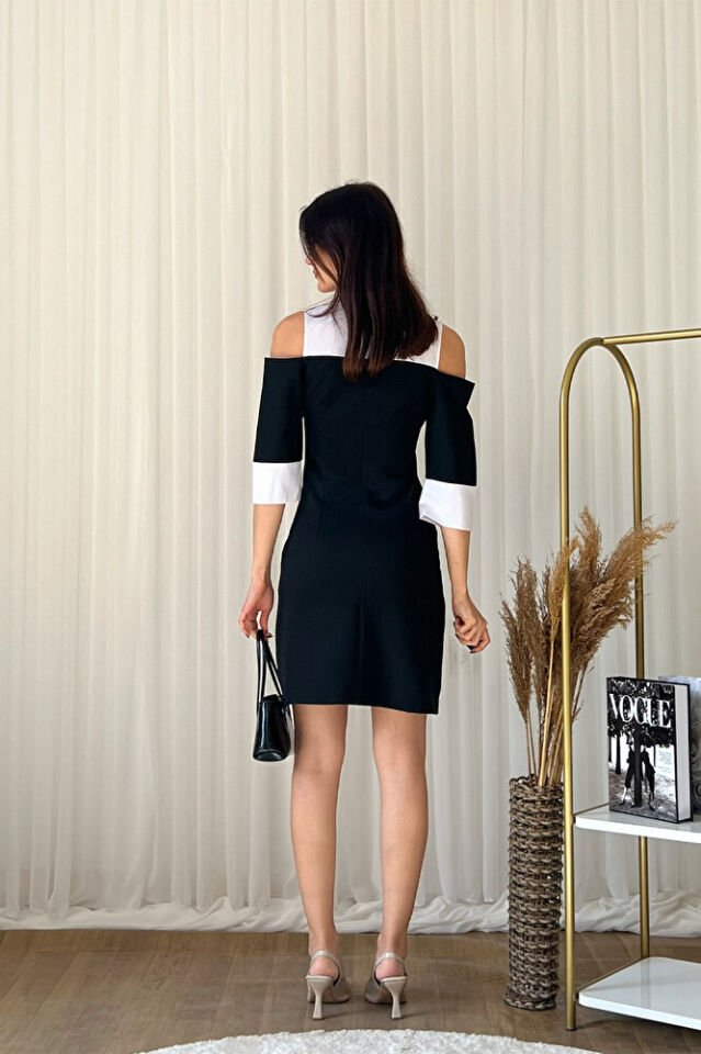 Omuz Dekolteli Gömlek Yaka Mini Boy Dar Kesim Şık Elbise