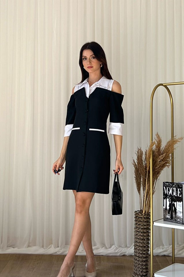 Omuz Dekolteli Gömlek Yaka Mini Boy Dar Kesim Şık Elbise